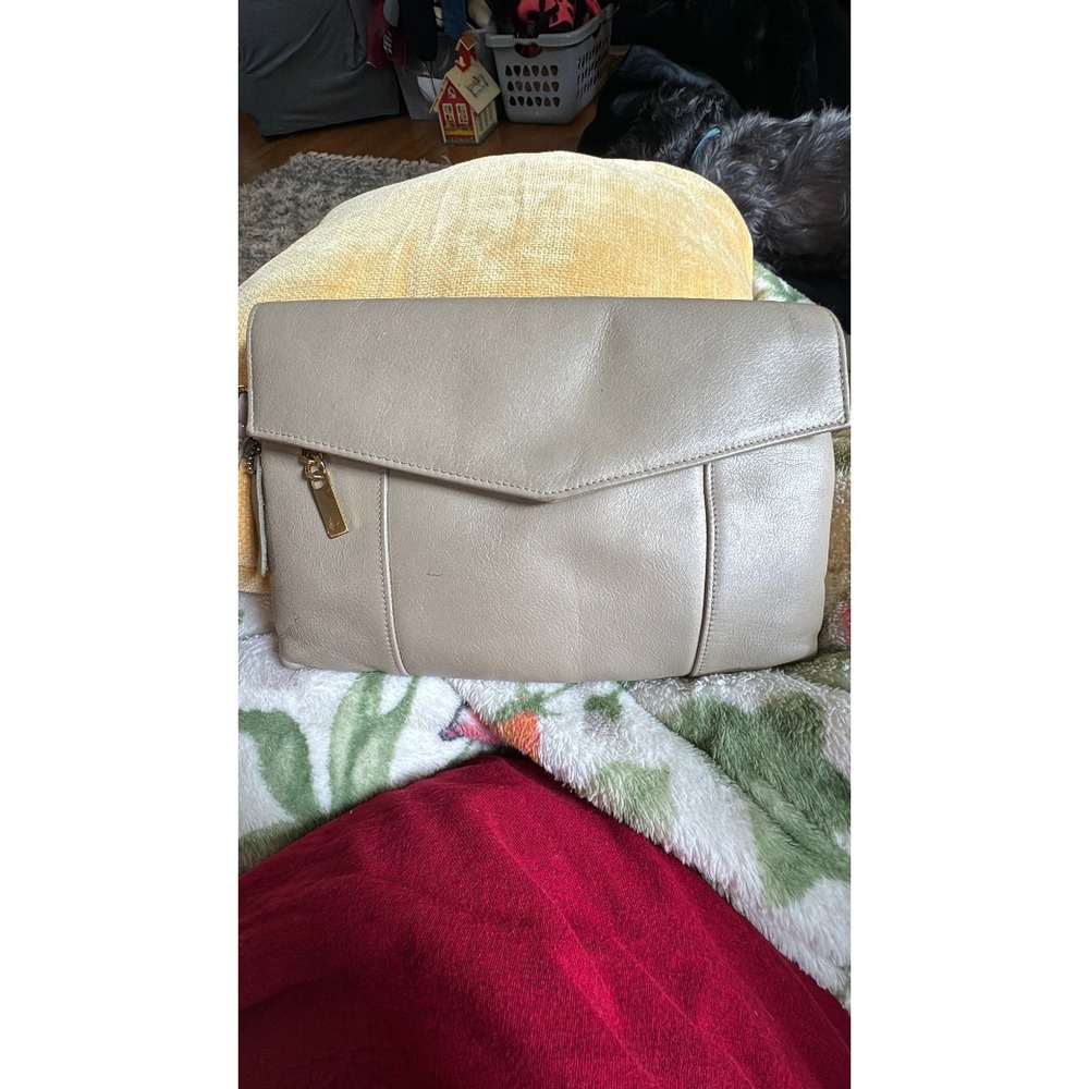 Cabin Creek Taupe Beige Genuine Leather Envelope Clutch Bag Gold Tone Hardware